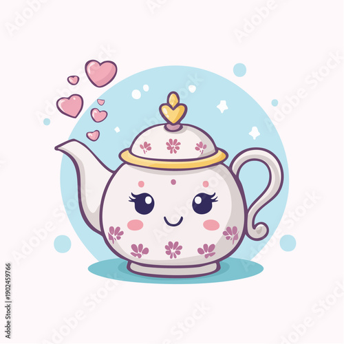 A cute kawaii cartoon teapot with a happy face, pink floral patterns, and floating hearts.