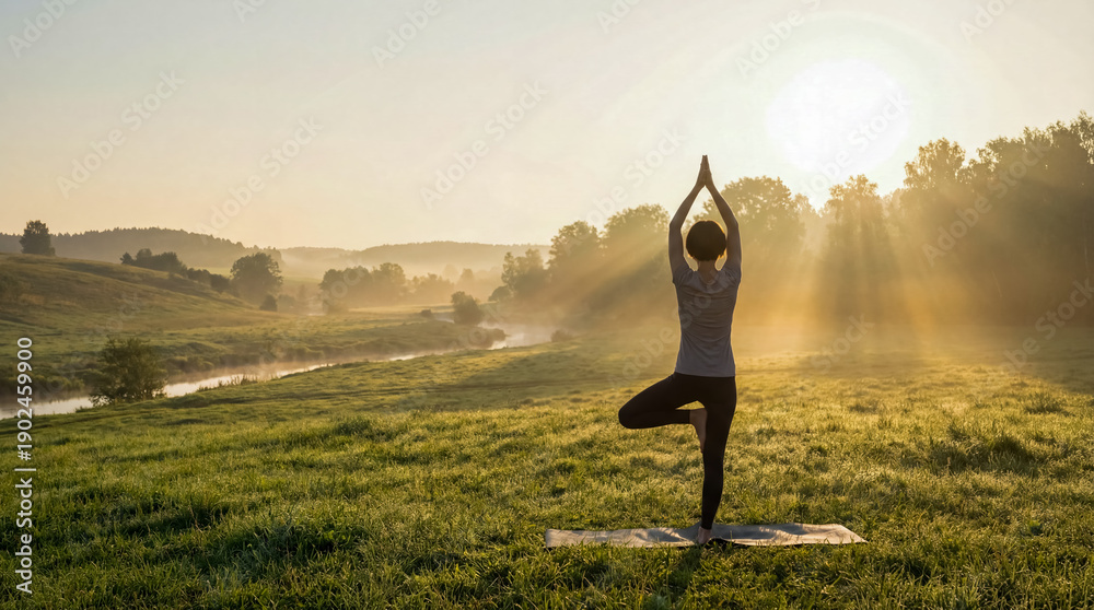 Obraz premium Woman cancer survivor doing yoga outdoors healthy body remission motivation background negative space left side nature wellness fitness