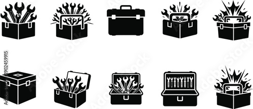 Black toolbox silhouette vector collection featuring metal tool boxes with various wrenches and mechanic equipment icons isolated on white background for industrial repair services