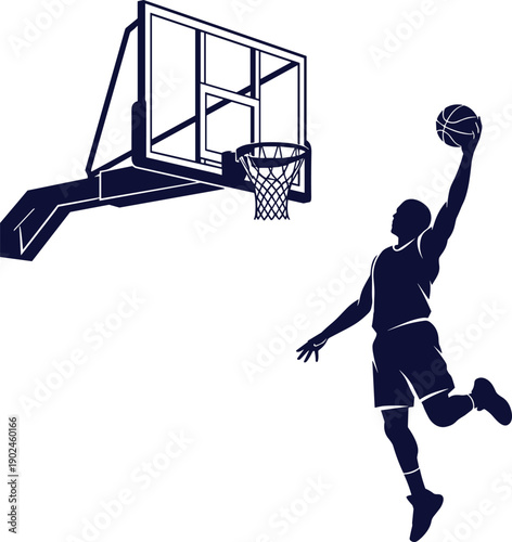 Dynamic black silhouette of a basketball player performing a powerful jump and slam dunk into a hoop isolated on white background for sports competition
