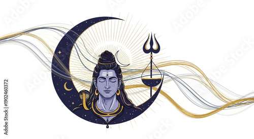 Illustration of Dewa Siwa, the Hindu god Shiva, with a trident and crescent moon, symbolizing Maha Shivaratri Festival, a significant Indian culture and religion event.