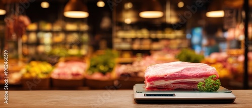 The Pork Belly Slab on a Digital Scale at a Busy Market Counter