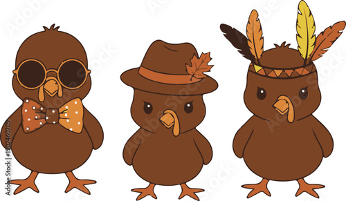 Three cartoon turkeys in different costumes silhouette