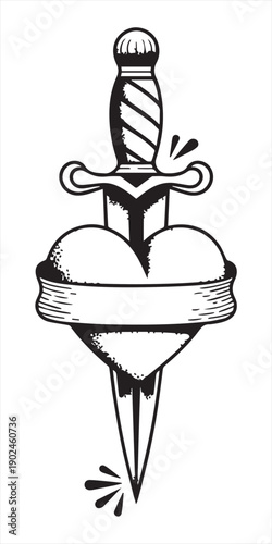 raditional American Tattoo Style Dagger Piercing Heart with Banner Illustration