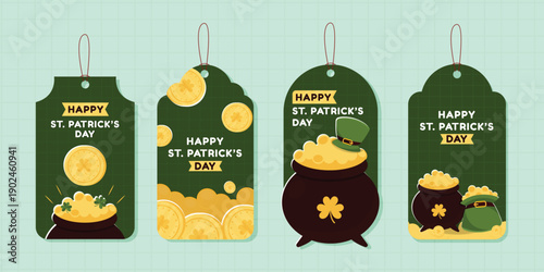 Four st patrick s day themed price tags with pots of gold and festive decorations