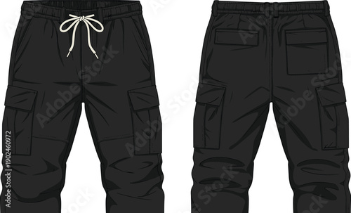Black cargo jogger pants mockup, front and back view, tactical streetwear trousers with pockets, elastic drawstring waist, apparel template, isolated.