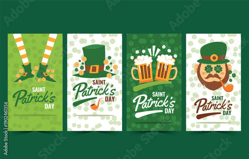 Four saint patrick s day themed vertical banners with festive imagery and text