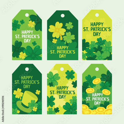 A collection of vibrant green and yellow st patrick s day gift tags with clovers and gold