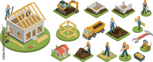 Isometric house construction illustration showing building stages, workers, machinery, tools, materials, foundation, framework, residential development vector design process modern architecture
