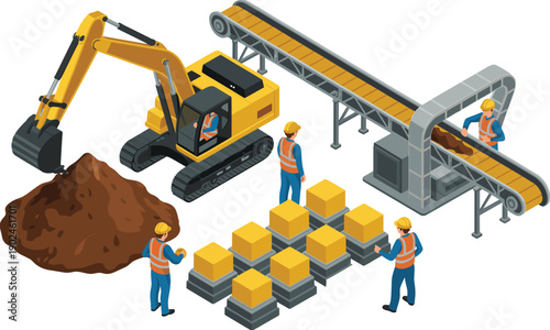 Isometric mining excavator with conveyor belt and workers sorting materials industrial production process heavy machinery vector illustration concept design