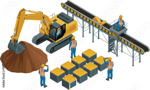 Isometric mining excavator with conveyor belt system and workers handling materials industrial production workflow heavy machinery vector illustration design concept