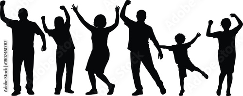 Happy multi-generational family silhouette celebrating success together with arms raised on isolated white background background