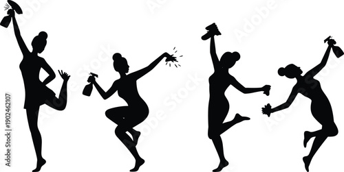 Happy cleaning woman silhouettes, spray bottle poses, housework concept, energetic movement, black white vector illustration