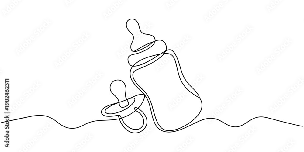 Naklejka premium Continuous single line drawing of baby bottle with handle and nipple, minimal modern contour illustration on white background, Self drawing line animation bottle for feeding babies continuous one line