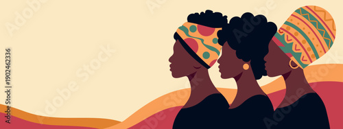 Vector horizontal banner for Women's Day, March 8, Black History Month. African American women wearing traditional headscarves with patterns. For project equality, African culture, women's empowerment