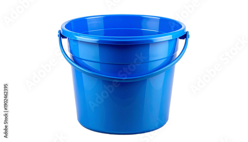 Blue plastic bucket with handle for cleaning, gardening, or storage. Empty pail container for household chores or water. Studio shot isolated object with a transparent background.