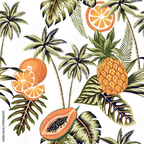 Orange, pineapple, papaya fruit, palm, leaves seamless pattern. Summer tropical exotic print.