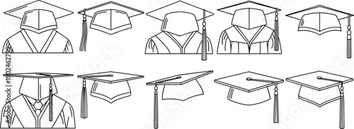 Set of black and white graduation cap and gown line icons featuring academic mortarboards and student robes isolated on white background for graduation ceremonies