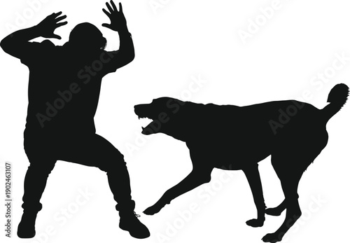 Man attacked by aggressive dog silhouette, dangerous animal confrontation, fear concept, black white vector illustration