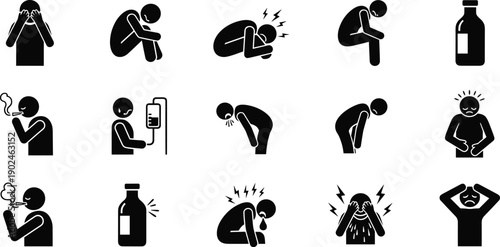 Set of black icons featuring people silhouettes in various states of depression sadness and sickness including anxiety loneliness and chronic pain isolated on white background