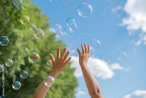 Hands reaching up towards a sky filled with bubbles and green trees