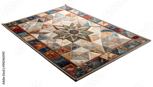 Wallpaper Mural Rustic area rug with a geometric star pattern composed of colorful triangles. This vintage-style textile features a detailed medallion design, perfect for home interior decoration. Isolated on alpha. Torontodigital.ca