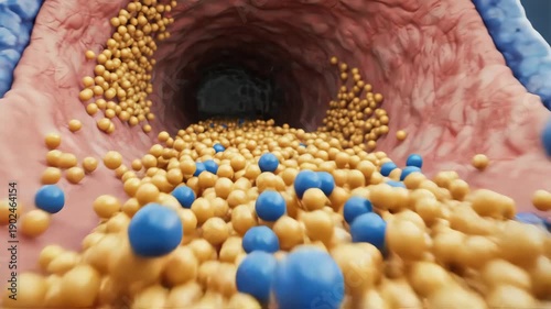 Lipid imbalance in the bloodstream. A fatty liver releases more triglycerides and VLDL particles, while HDL remains comparatively lower. Blood vessel cross-sections show denser particle traffic