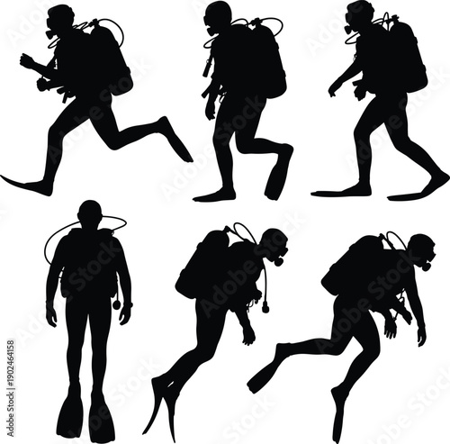 Black silhouette scuba divers set, underwater diving poses, oxygen tank equipment, professional swimmers isolated illustration on white background collection vector