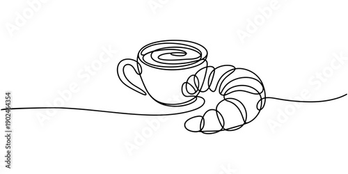 Breakfast with croissant and coffee drawn in one line style, One continuous line drawing croissant with coffee mug. Breakfast in simple linear style. Pastry Croissant. Vector illustration