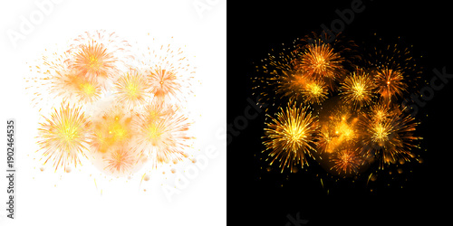 Orange fireworks explosion with shimmering trails and light effects on transparent background and solid black backdrop