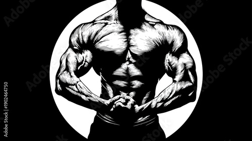 Powerful Muscular Male Torso Flexing in High Contrast Graphic Style, Ideal for Fitness and Bodybuilding Concepts