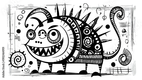 Whimsical Spiky Monster Illustration with Abstract Tribal Patterns. Hand-drawn Cartoon Creature in Black and White Doodle Art Style.