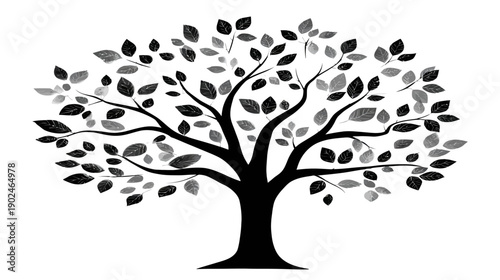 Stylized black and white tree silhouette illustration with abundant leaves, symbolizing nature, growth, life, and interconnectedness.