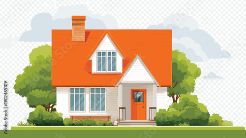 Charming cartoon house illustration with a bright orange roof, green trees, lush lawn, and blue sky. Ideal for real estate and home concepts.
