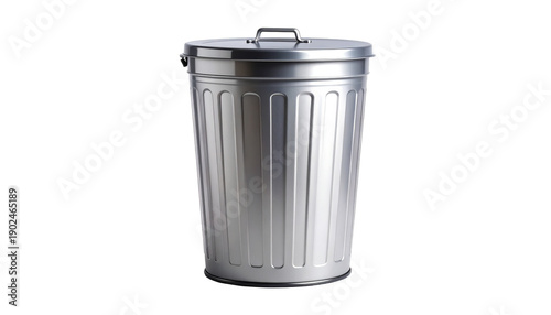 Classic silver metal trash can with lid, an essential household or office item for waste disposal and recycling, shown in a clean studio shot with a transparent background for easy use.