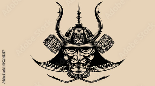 Detailed Vintage Monochrome Illustration of a Traditional Japanese Samurai Warrior Helmet and Fierce Mask, Cultural Art