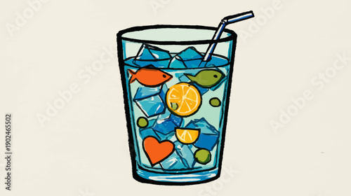 Whimsical Iced Drink Illustration with Floating Fish, Lemon Slices, and Heart in a Glass with a Straw, Refreshing Concept
