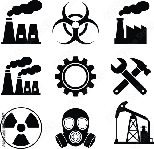 Industrial hazard icon set, factory pollution biohazard radiation tools gas mask oil pump symbols, black silhouette industry safety vector illustration
