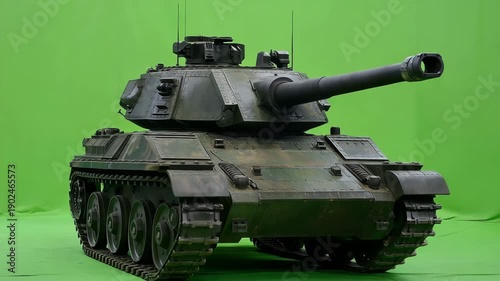Front View Heavy Battle Tank Rotating Turret on Green Screen
