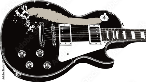 Distressed black electric guitar with white pickguard and relic finish, rock music instrument, vintage style close-up