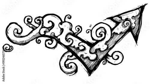 Abstract Hand-Drawn Upward Arrow Symbol with Ornate Swirling Design and Sketchy Grunge Texture