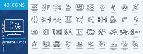 Bioinformatics - Icon Collection. Thin Outline Lineal Set contains such Icons as sequencing, genomics, proteomics and more. Simple web icons set