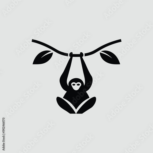 Minimalist black monkey primate hanging on jungle branch vector illustration