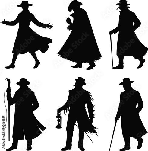 Victorian black silhouette characters set, historical figures in cloaks and hats, walking poses isolated illustration on white background collection vector