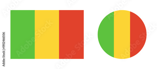 Mali round, rectangular country flag icons. National Mali circle, rectangle flags set. Republic of Mali circular shape button, badge, banner.