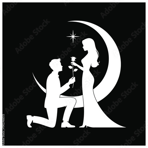 Elegant silhouette of man proposing with rose to woman against large crescent moon and star, romantic proposal under night sky, love and commitment.