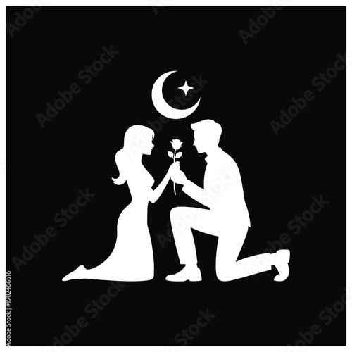Romantic proposal scene with a man kneeling and offering a rose to a woman under crescent moon and star, white silhouettes on black background, love and devotion.