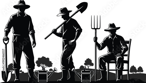 Vintage black silhouette farmers with gardening tools, agriculture workers standing and sitting, rural farming concept illustration traditional countryside harvest scene
