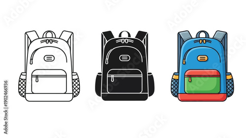 Set of three backpack icons outline, solid black and colored illustration