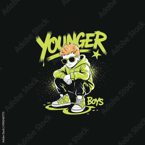 Young boy in hoodie and sunglasses crouching with graffiti style text, younger boys hand drawn vector art